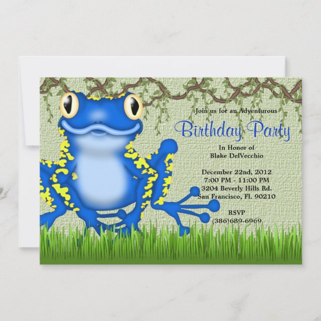 Invitation Jour d'anniversaire de la Jungle de Grenouille Ble (Devant)