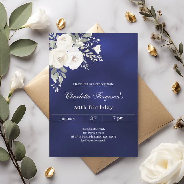 Invitation Jour d'anniversaire de la Marine bleu blanc roses (Créateur téléchargé)