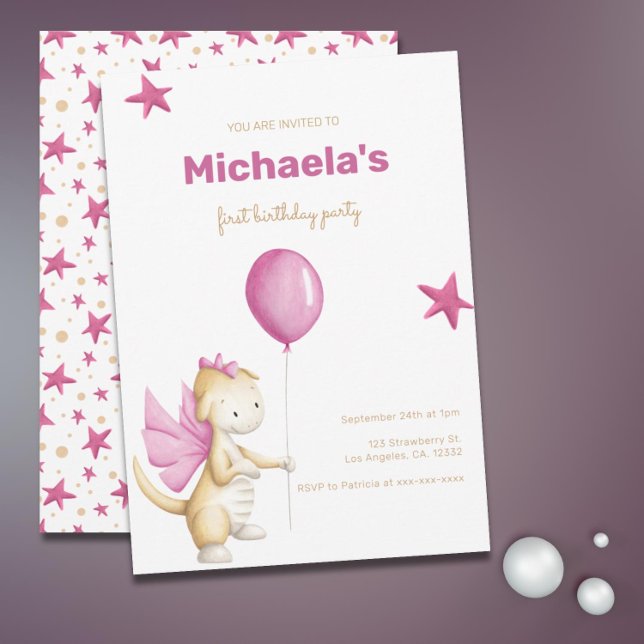 Invitation Jour d'anniversaire de la mignonne fille rose Drag (Cute dragon first birthday invitation for baby girl.)