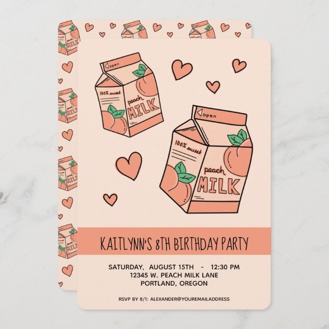 Invitation Jour d'anniversaire de la mignonne pêche au lait (Devant / Derrière)