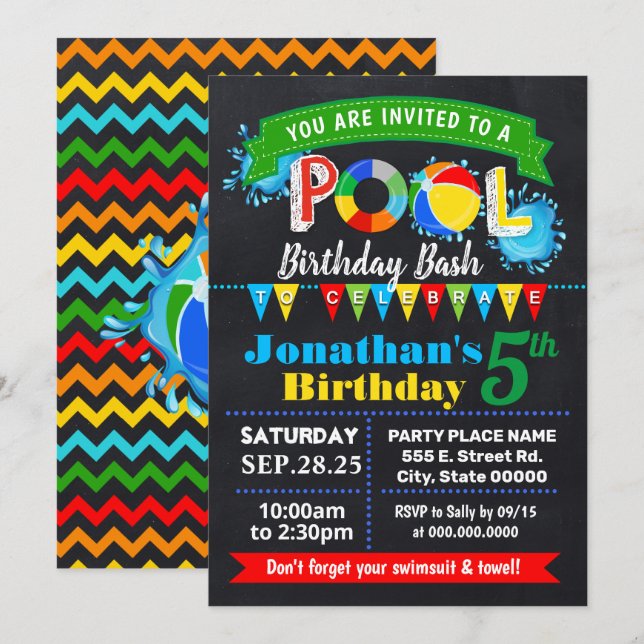 Invitation Jour d'anniversaire de la piscine - tableau de bas (Devant / Derrière)