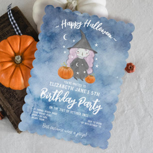 Invitation Jour d'anniversaire de la Sorcière Aquarelle Bleue