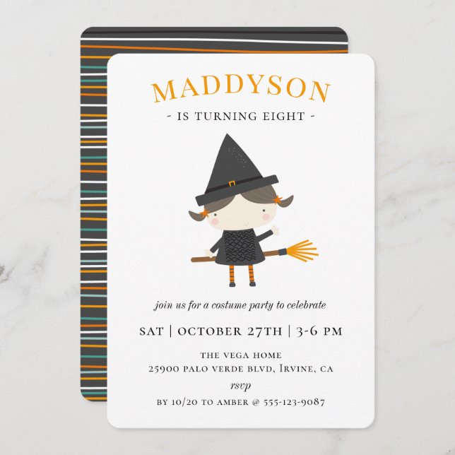 Invitation Jour d'anniversaire de la sorcière mignonne (Devant / Derrière)