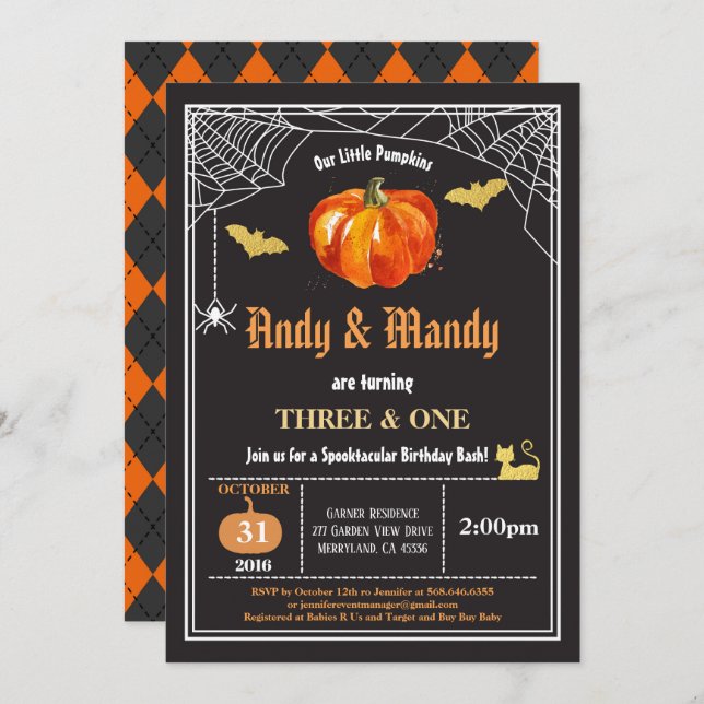 Invitation Jour d'anniversaire des enfants d'Halloween (Devant / Derrière)