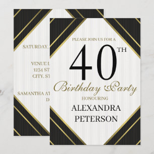 Invitation Jour d'anniversaire des rayures Noir Blanc Et Or