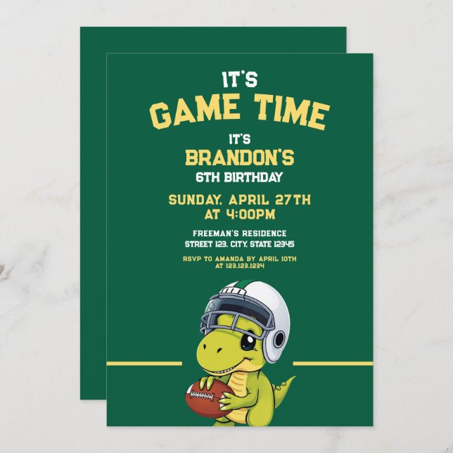 Invitation Jour d'anniversaire du Dinosaure de football vert  (Devant / Derrière)