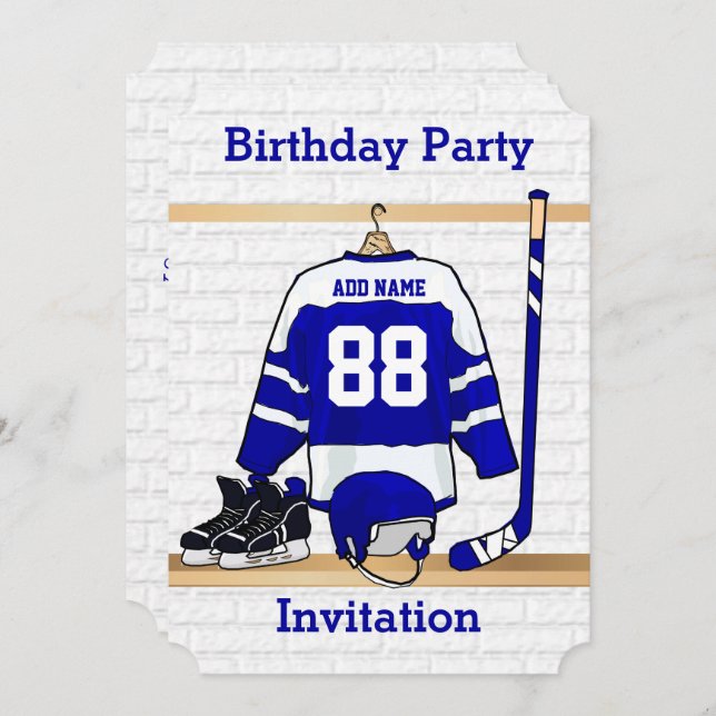 Invitation Jour d'anniversaire du hockey sur glace bleu et bl (Devant / Derrière)