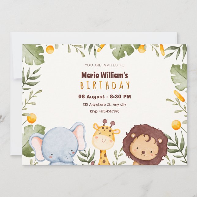 Invitation Jour d'anniversaire d'un animal safari dans la jun (Devant)