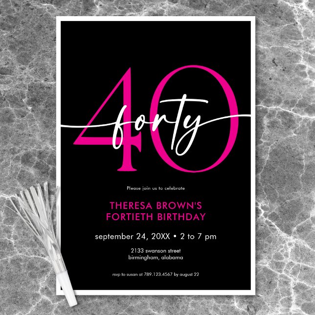 Invitation Jour d'anniversaire minimal rose Quarante Script (Modern Minimal Pink Forty Script Birthday Invitation)