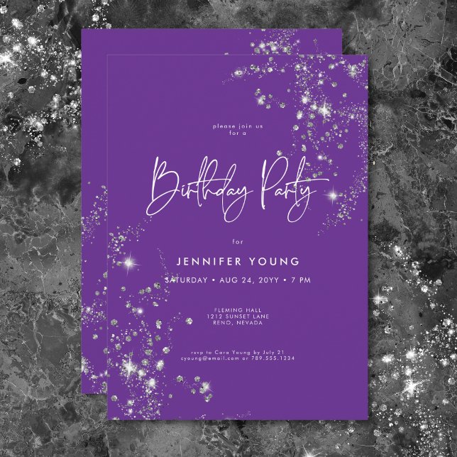 Invitation Jour d'anniversaire, minimaux violets et diamants  (Modern Minimal Purple White Glam Diamonds Birthday Invitation)
