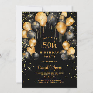 Invitation Jour d'anniversaire moderne 50th Black Gold