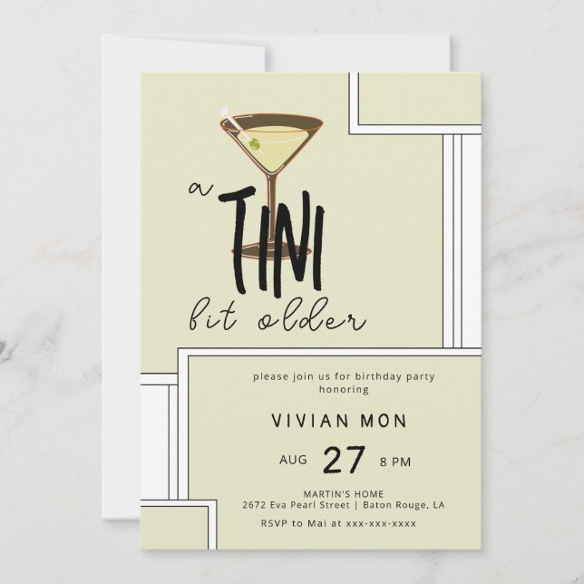 Invitation Jour d'anniversaire stylé Olive Martini a Tini Bit (Devant)