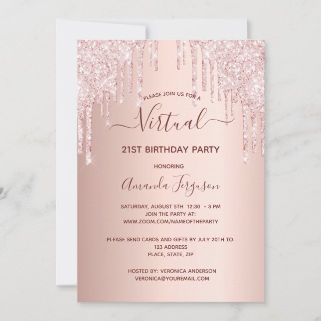 Invitation Jour d'anniversaire virtuel rose or parties scinti (Devant)
