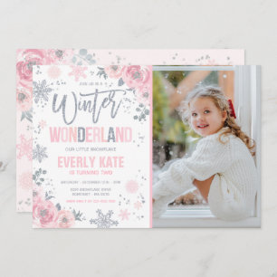 Invitation Jour d'anniversaire Wonderday Silver Pink Snowflak
