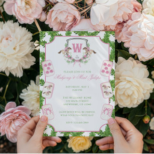 Invitation Jour de Derby Mahjong Cheval Monogramme Crête aqua