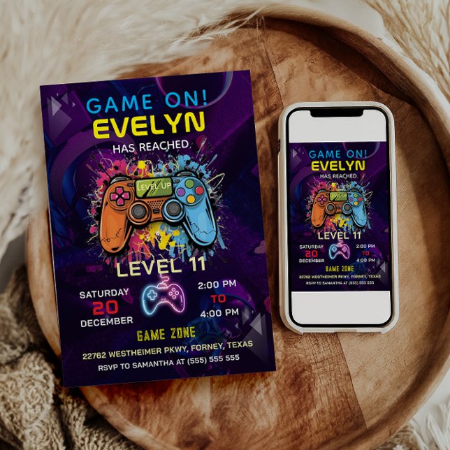 Invitation Jour de fête de jeu vidéo Game On Level Up (Créateur téléchargé)