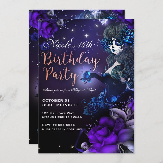 Invitation Jour de la Fille Morte Purple Blue Anniversaire (Devant / Derrière)