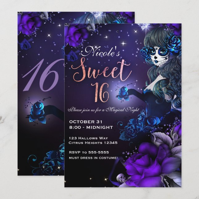 Invitation Jour de la Fille Morte Purple Blue Sweet 16 Party (Devant / Derrière)
