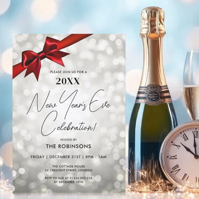Invitation Jour de la Réveillon Classé Soirée Bokeh Bow rouge (Classy New Years Eve Party Silver Bokeh Red Bow Invitation)