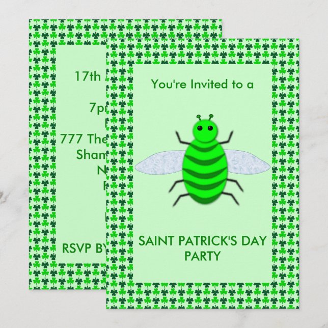 Invitation Jour de la Saint-Patrick Abeille et Trèfles (Devant / Derrière)