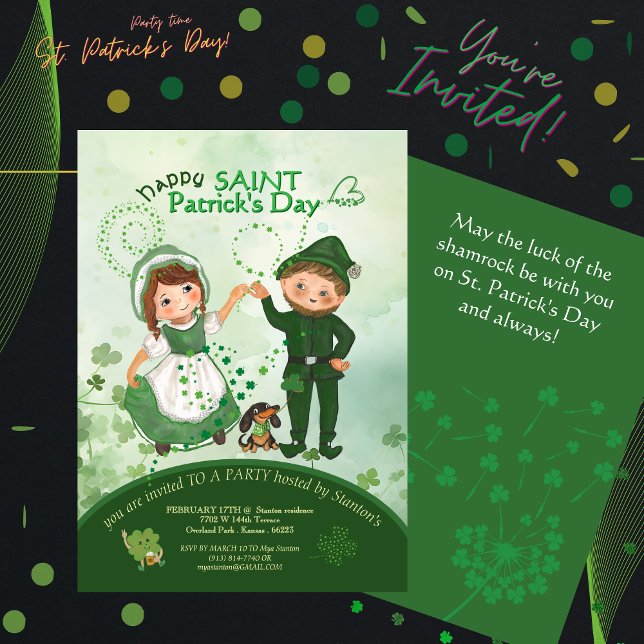 Invitation JOUR DE LA SAINT PATRICK Danser Leprechauns dessin (ST PATRICKS DAY Dancing Leprechauns hand drawn Invitation )