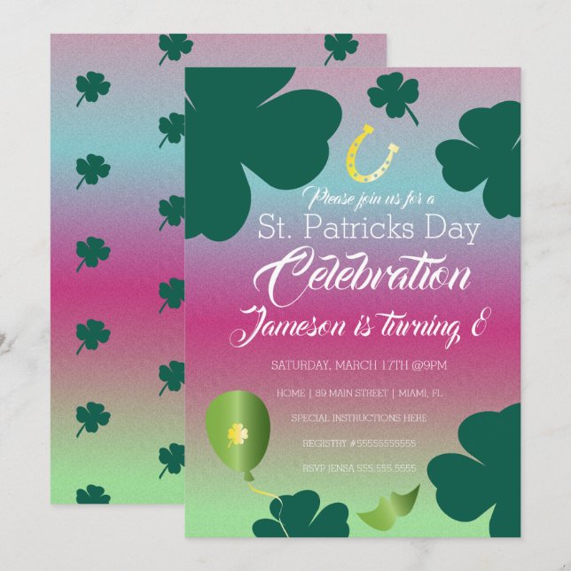 Invitation Jour de la Saint-Patrick Fête Shamrock Paillettes (Devant / Derrière)