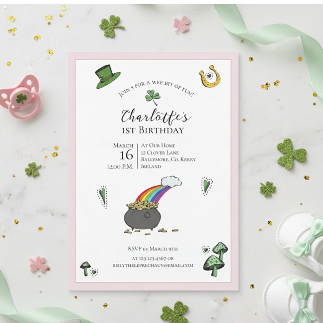 Invitation Jour de la Saint Patrick rose arc-en-ciel 1er anni (Irish First Birthday Rainbow Pink Invite. Green Shamrock Pot of Gold St Patrick's Day 1st Birthday)