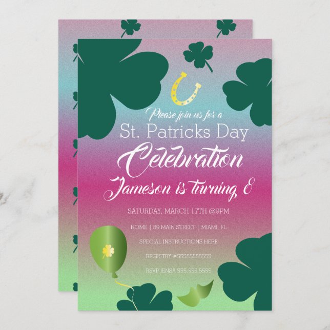 Invitation Jour de la Saint-Patrick Shamrock Pailleté Célébra (Devant / Derrière)