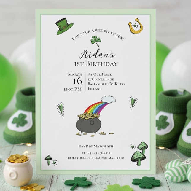 Invitation Jour de la Saint Patrick Vert arc-en-ciel 1er anni (Irish First Birthday Rainbow Invite. Green Shamrock Pot of Gold St Patrick's Day 1st Birthday Party)