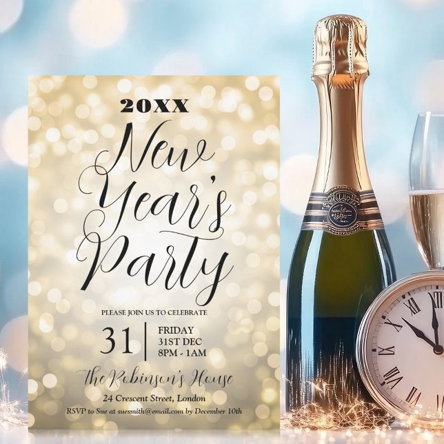 Invitation Jour de la Saint-Sylvestre moderne Gold Bokeh Lumi (MODERN New Years Eve Party Gold Bokeh Lights Invitation)