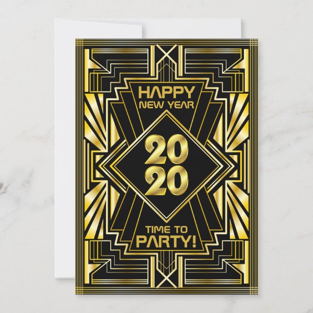 Invitation Jour de l'An Art Déco 2020 Gold Black Gatsby (Devant)