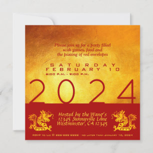 Invitation Jour de l'an chinois Dragon 2024 Red Gold Party Sq