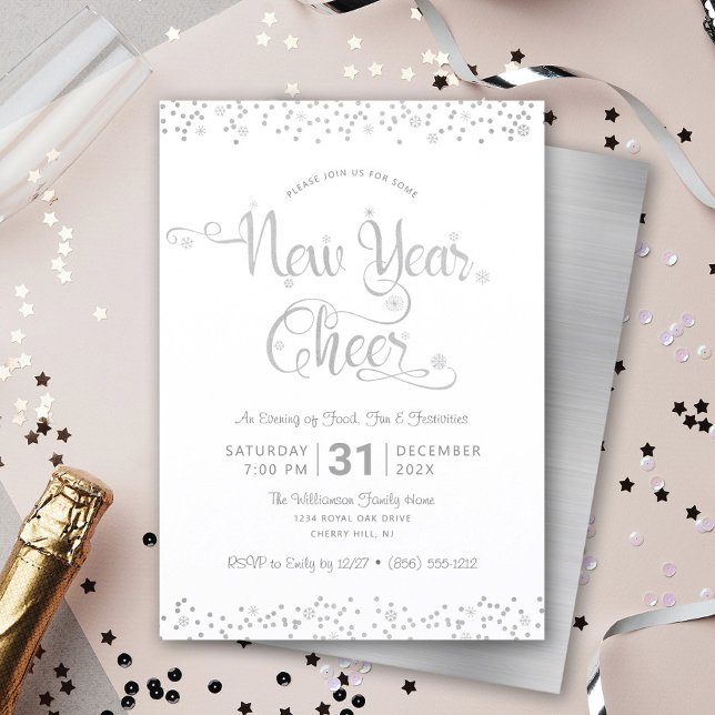 Invitation Jour de l'an Soeur Argent Blanc Script Confetti Pa (Créateur téléchargé)
