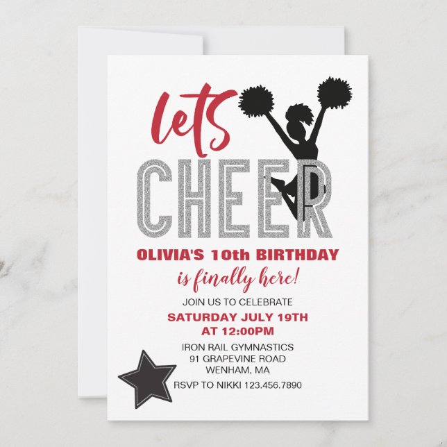 Invitation Jour de l'anniversaire de la Cheerleader rouge, ar (Devant)