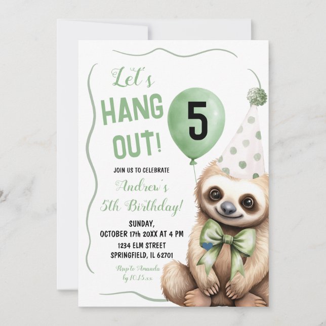 Invitation Jour de l'anniversaire de la Sloth Green Handdraw (Devant)