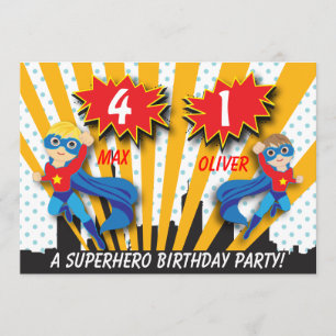 Invitation Jour de l'anniversaire de Twins Superhero   Garçon