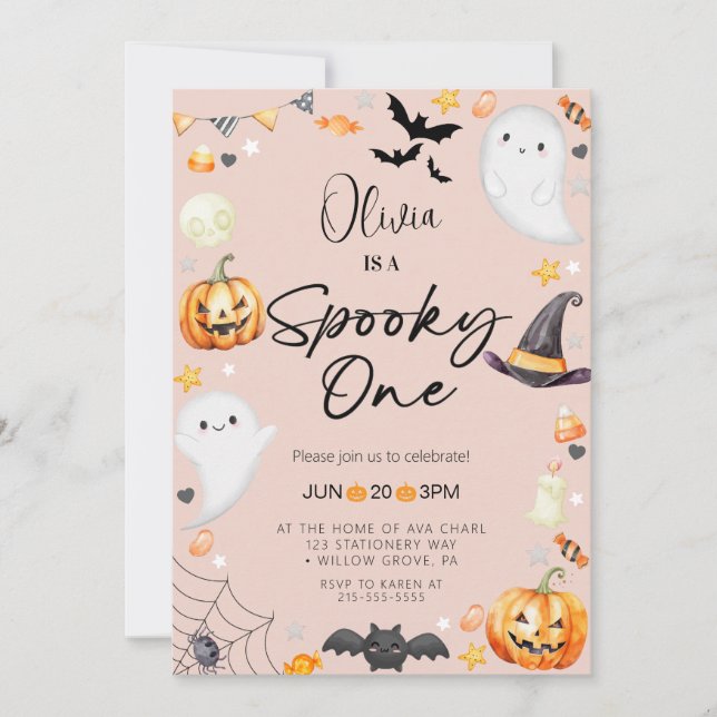Invitation Jour de l'Halloween rose mignonne Ghost 1er Garçon (Devant)
