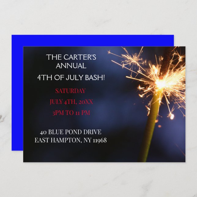 Invitation Jour de l'Indépendance du 4 juillet bleu Sparkler (Devant / Derrière)