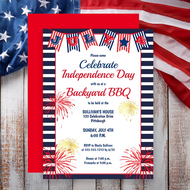 Invitation Jour de l'Indépendance Juillet 4 Bunting Jardin BB (Independence Day July 4th Bunting Backyard BBQ Invitation)
