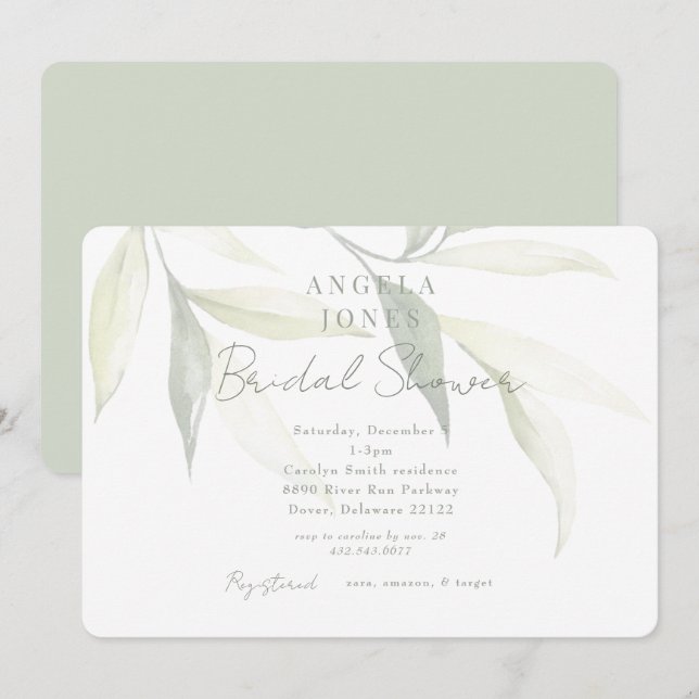 Invitation Jour de mariage botanique moderne au sage clair (Devant / Derrière)