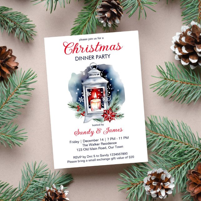 Invitation Jour de Noël (Christmas dinner party classical template invitation Christmas lantern candle poinsettia snowflakes )