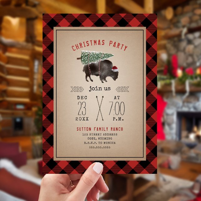 Invitation Jour de Noël Buffalo Bison Arbre Rustique Plaid (Créateur téléchargé)