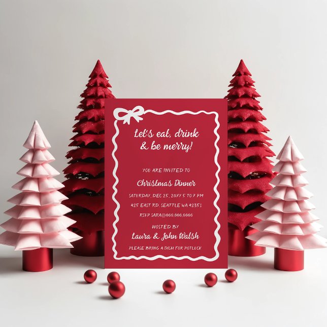 Invitation Jour de Noël de la Bow blanche rouge dessinée à la (Doodle Hand drawn Red White Bow Christmas Party Invitation)