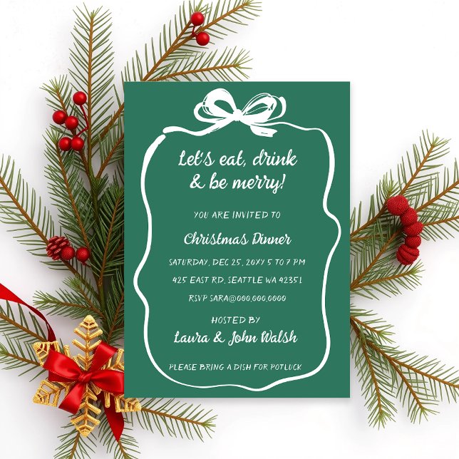 Invitation Jour de Noël de la Bow blanche verte à la main (Doodle Hand drawn Green White Bow Christmas Party Invitation)