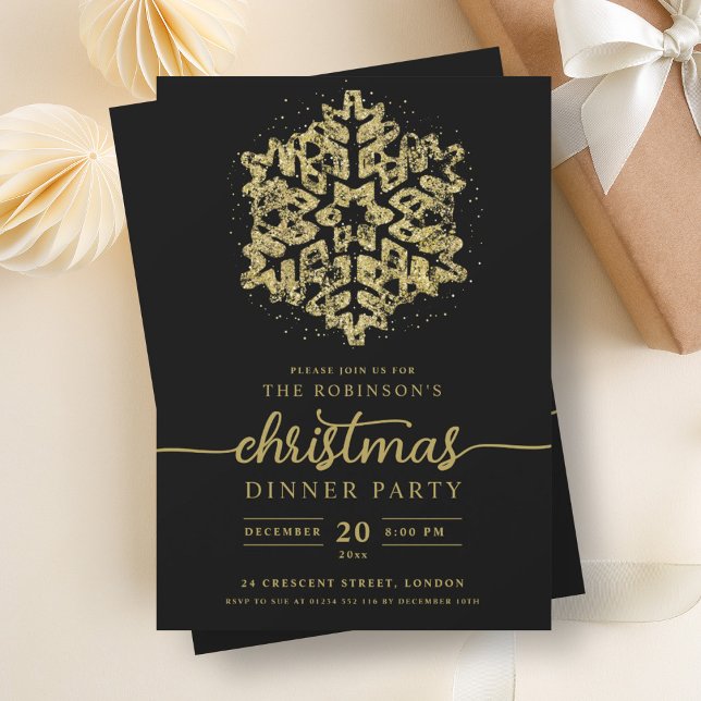 Invitation Jour de Noël Gold Winter Flèche de neige (Modern Gold Winter Snowflake Christmas Black Invitation)