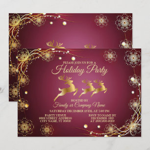Invitation Jour de Noël Golden Reindeers Rouge rose Élégant