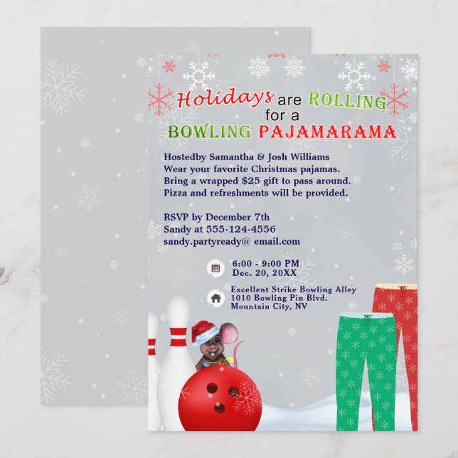 Invitation Jour de Noël Pajama Pizza Party Gris (Devant / Derrière)