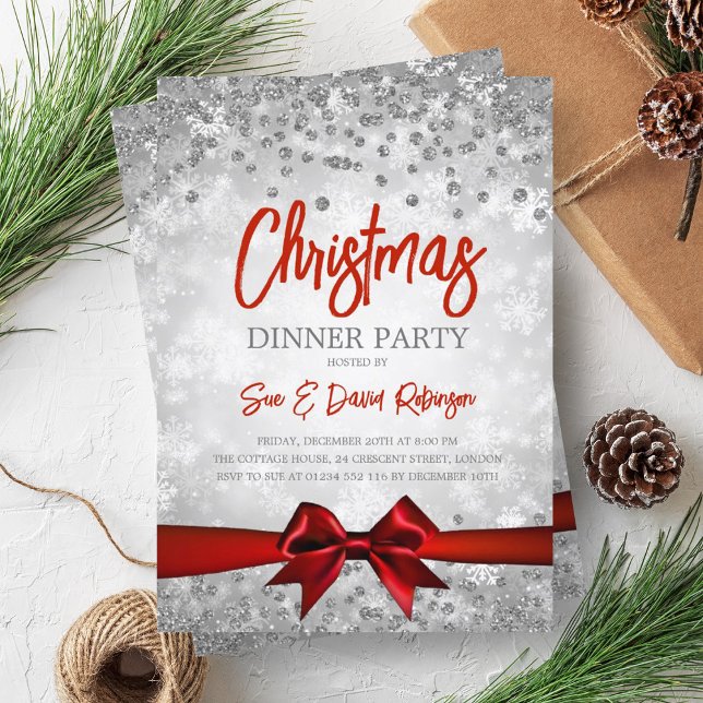 Invitation Jour de Noël Silver Red Parties scintillant Ribbon (Silver Red Glitter Ribbon Christmas Holiday Invitation)