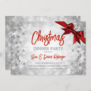 Invitation Jour de Noël Silver Red Parties scintillant Ribbon