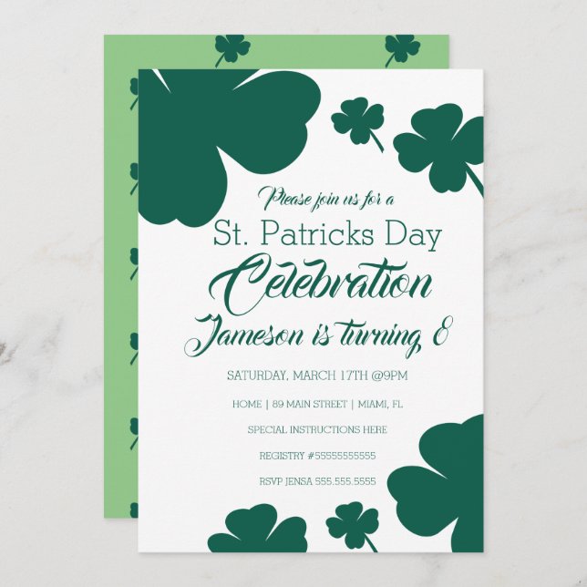 Invitation Jour de St. Patricks Clébration Shamrock verdure (Devant / Derrière)